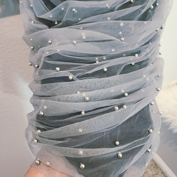 ZARA STRAPPLES TULLE/PEARLS GREY MIDI DRESS WOMENS SIZE LARGE - Picture 7 of 16